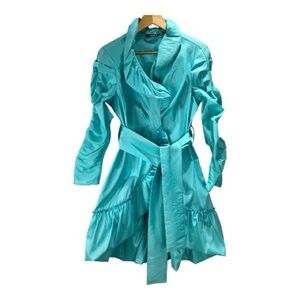 Samuel Dong Ruffle Dress Size M Turquoise Blue Snaps & Tie Belt PTP 18”